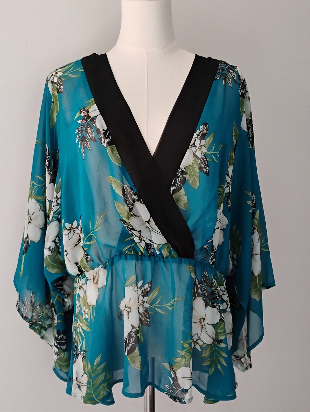 Blue Floral Kimono Top with Black Trim